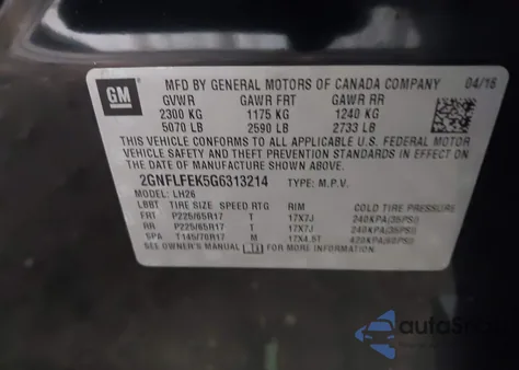 2016 Chevrolet Equinox Lt from USA, damaged, VIN 2GNFLFEK5G6313214